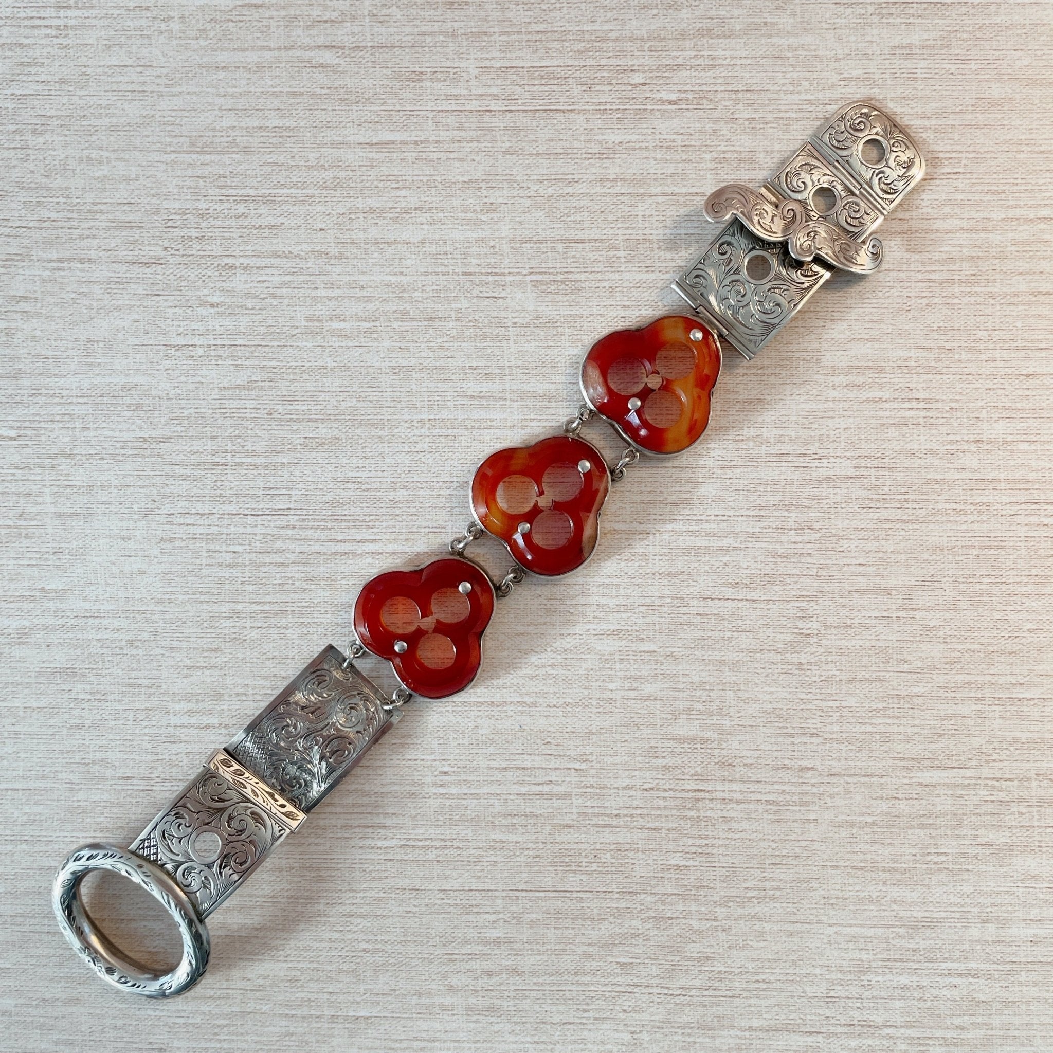 Victorian Scottish Carnelian Agate and Etched Sterling Silver Belt Buckle Bracelet - Clover Collective Antiques