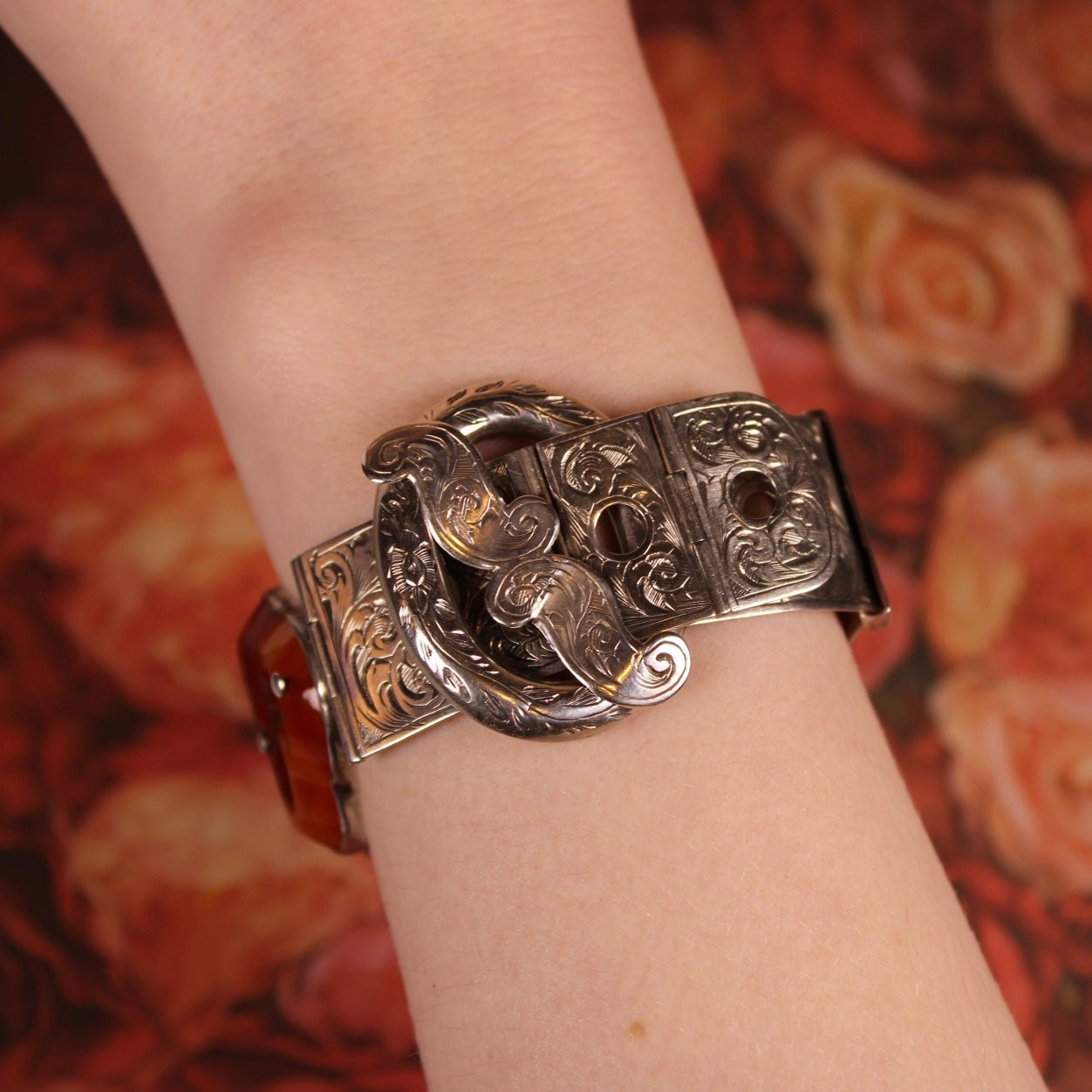 Victorian Scottish Carnelian Agate and Etched Sterling Silver Belt Buckle Bracelet - Clover Collective Antiques