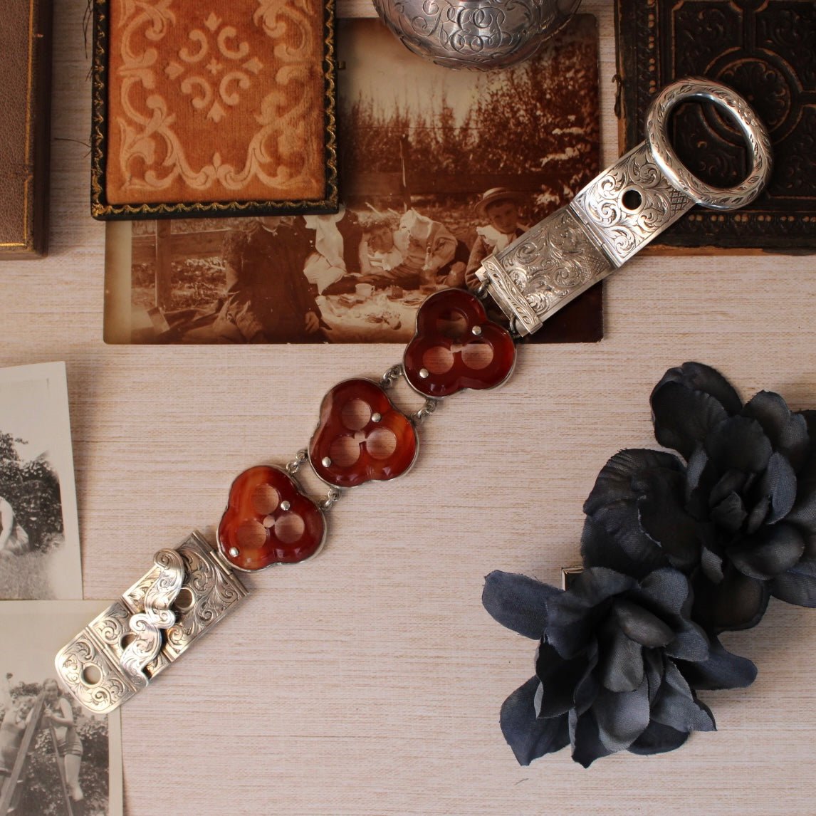 Victorian Scottish Carnelian Agate and Etched Sterling Silver Belt Buckle Bracelet - Clover Collective Antiques