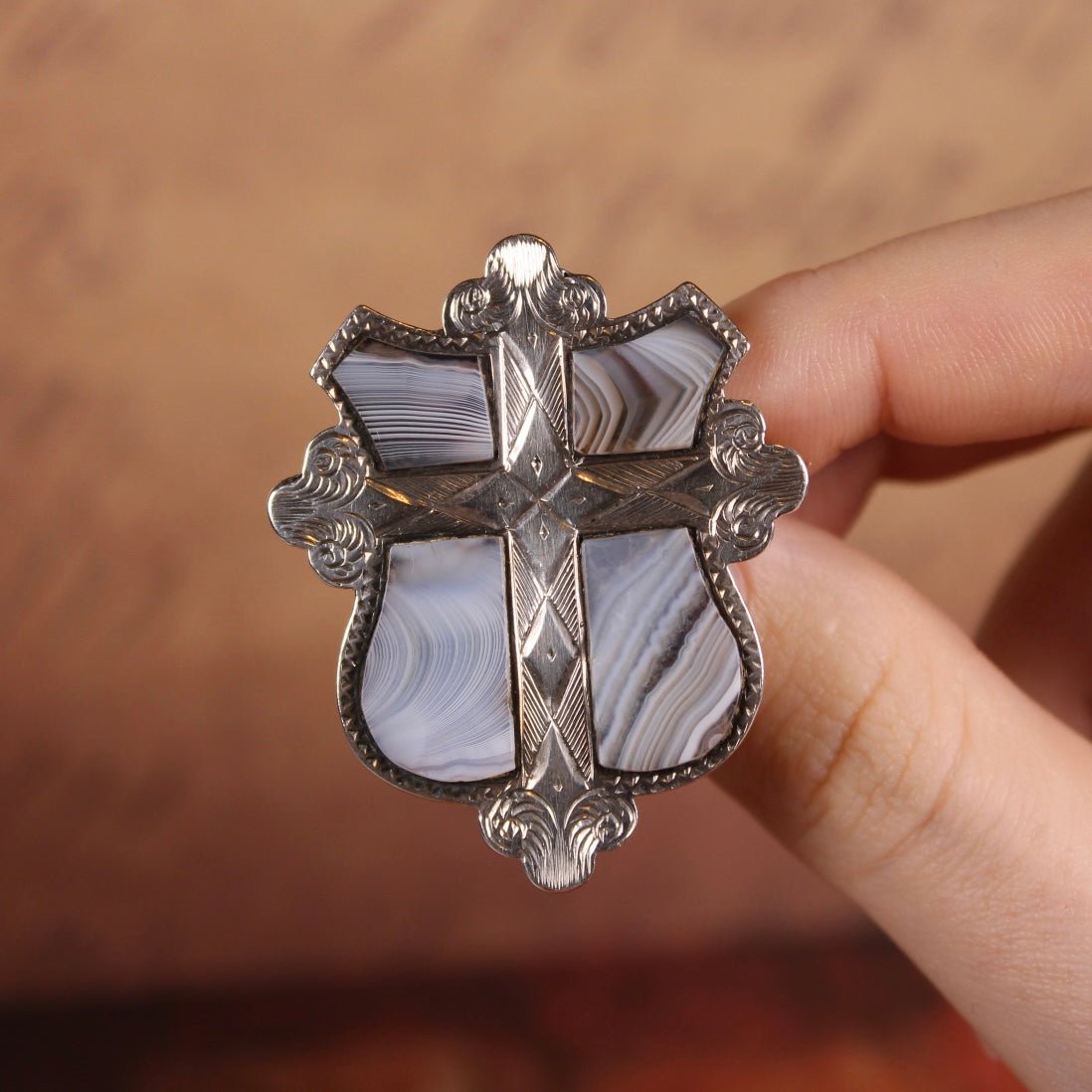 Victorian Scottish Montrose Agate and Etched Sterling Silver Cross Brooch - Clover Collective Antiques