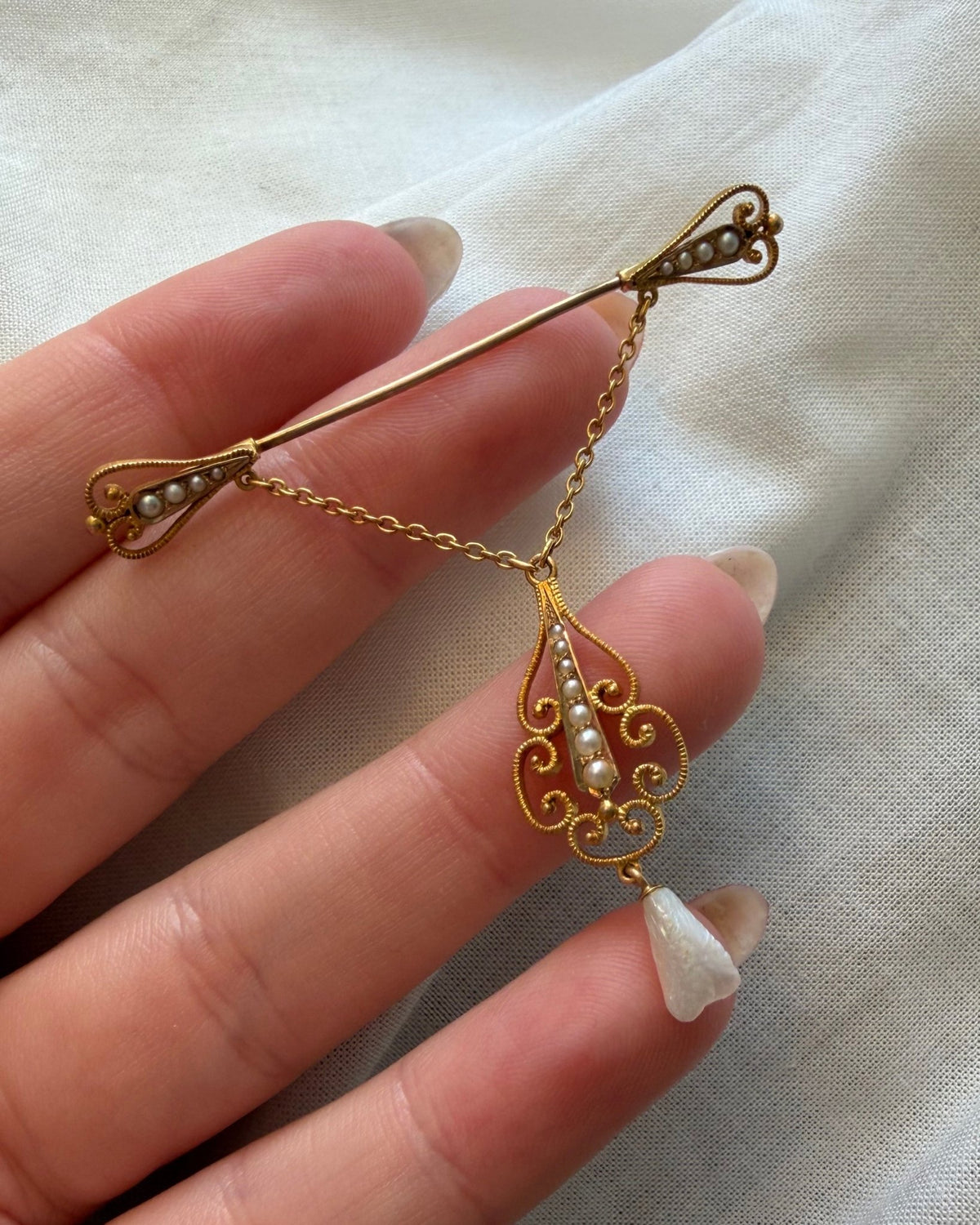 Vintage 14k Bloomed Yellow Gold and Seed Pearl Dangle Brooch - Clover Collective Antiques