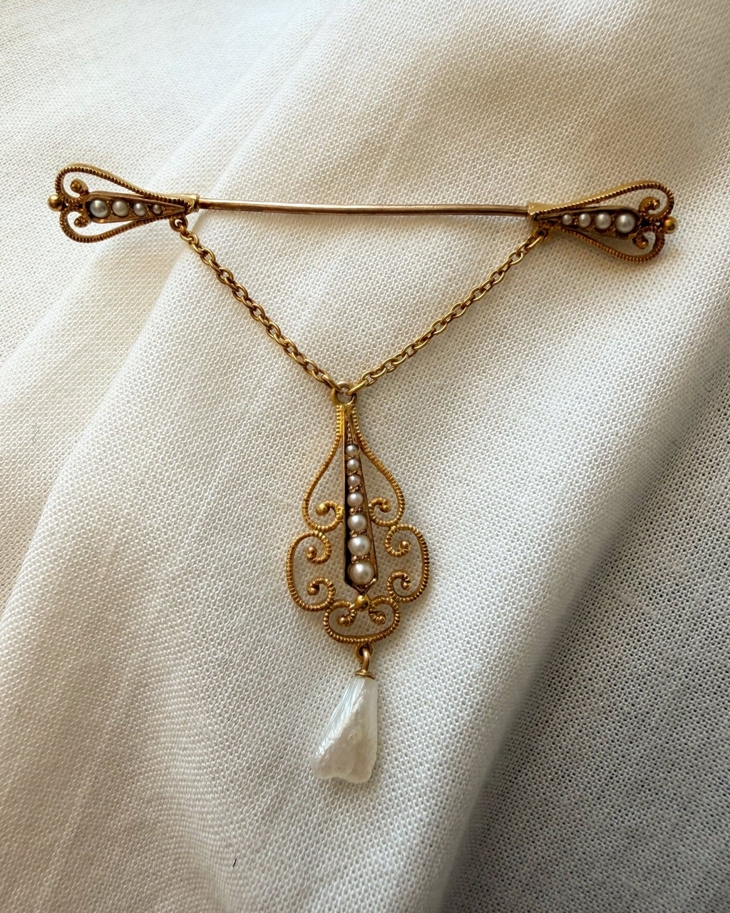 Vintage 14k Bloomed Yellow Gold and Seed Pearl Dangle Brooch - Clover Collective Antiques