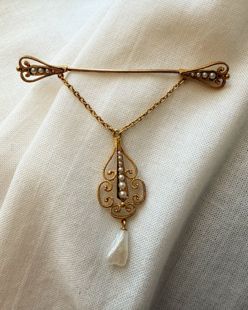 Vintage 14k Bloomed Yellow Gold and Seed Pearl Dangle Brooch - Clover Collective Antiques