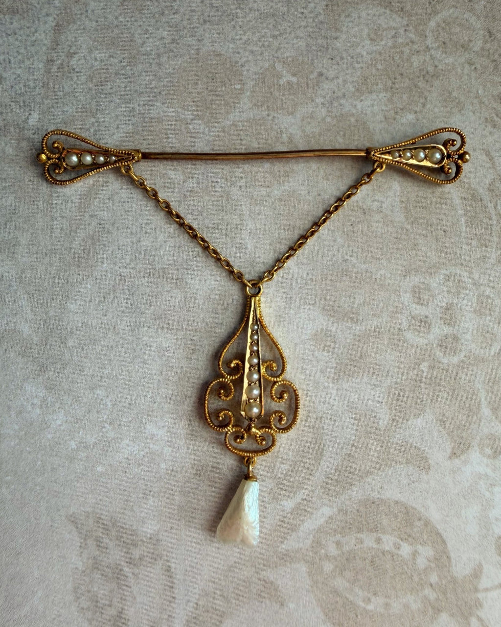Vintage 14k Bloomed Yellow Gold and Seed Pearl Dangle Brooch - Clover Collective Antiques