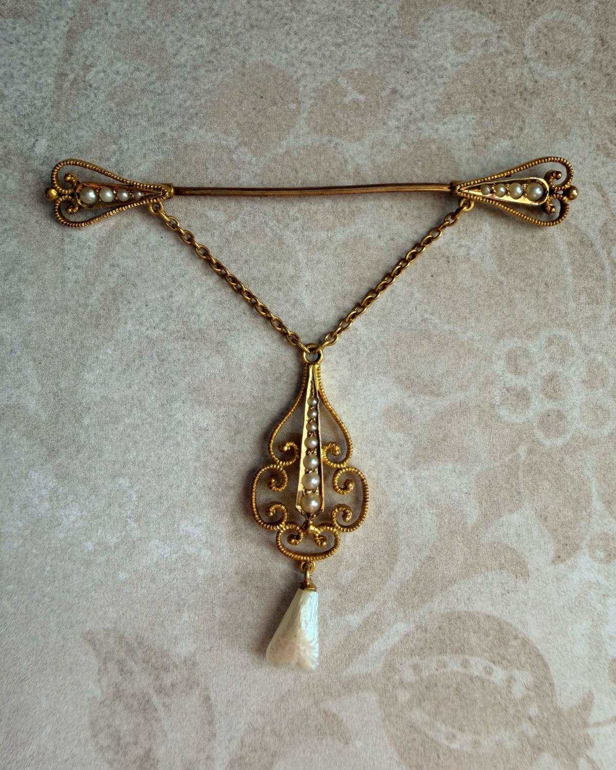 Vintage 14k Bloomed Yellow Gold and Seed Pearl Dangle Brooch - Clover Collective Antiques