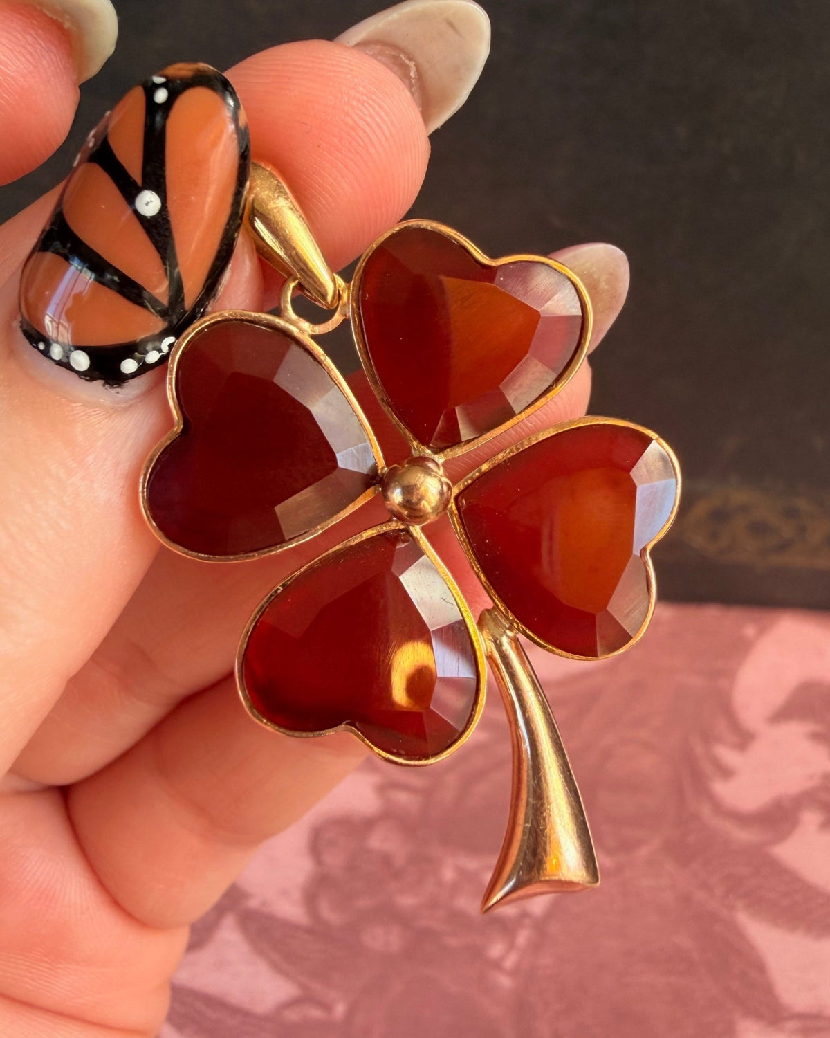 Vintage 14k Rose Gold Carnelian Four Leaf Clover Pendant - Clover Collective Antiques
