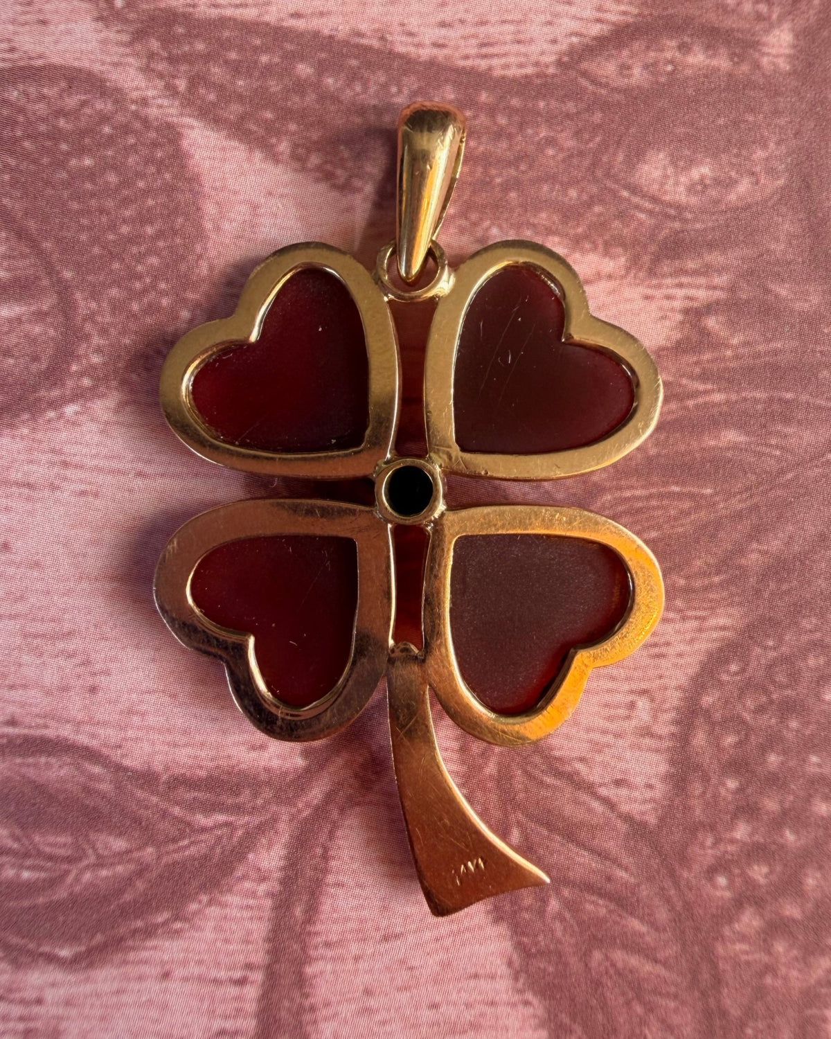 Vintage 14k Rose Gold Carnelian Four Leaf Clover Pendant - Clover Collective Antiques