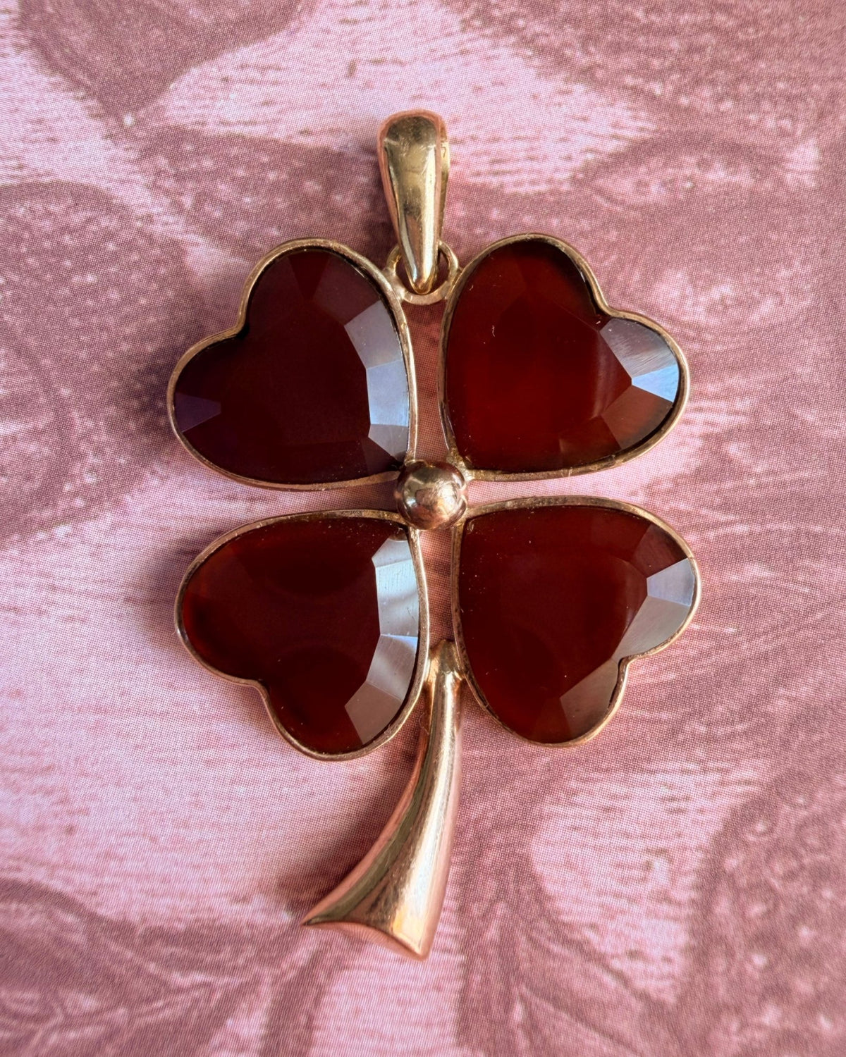 Vintage 14k Rose Gold Carnelian Four Leaf Clover Pendant - Clover Collective Antiques