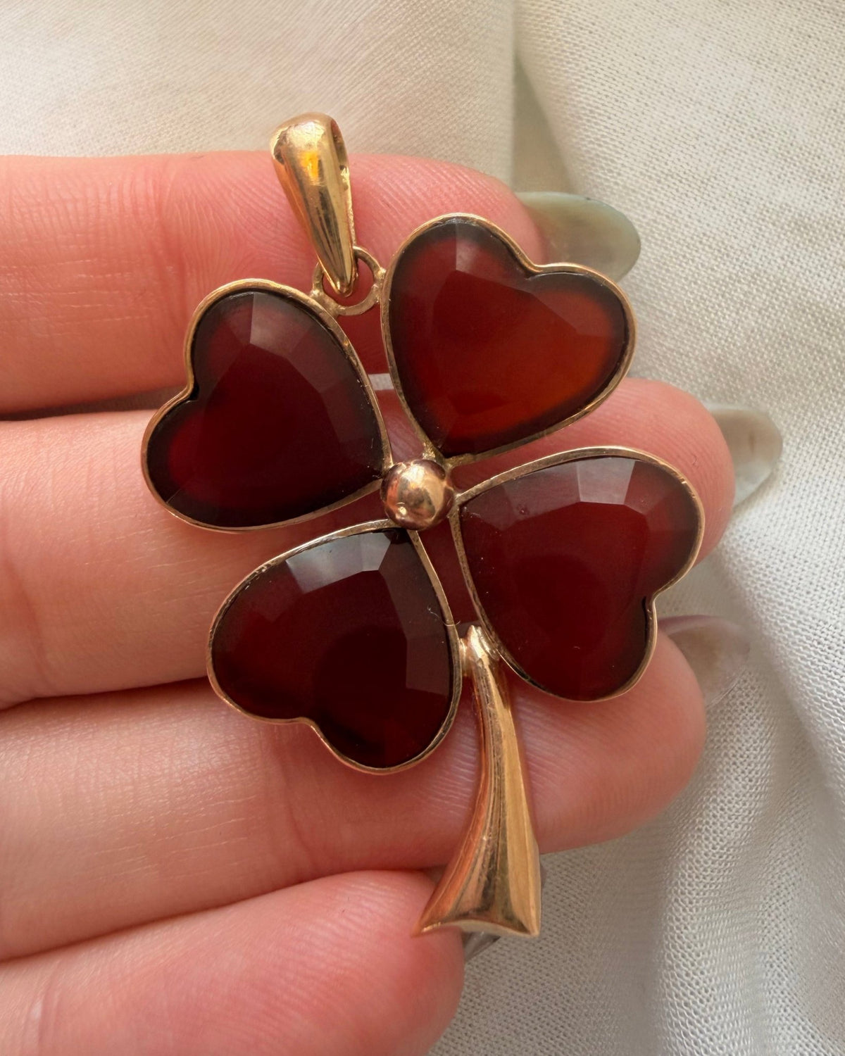 Vintage 14k Rose Gold Carnelian Four Leaf Clover Pendant - Clover Collective Antiques