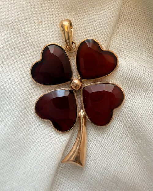 Vintage 14k Rose Gold Carnelian Four Leaf Clover Pendant - Clover Collective Antiques