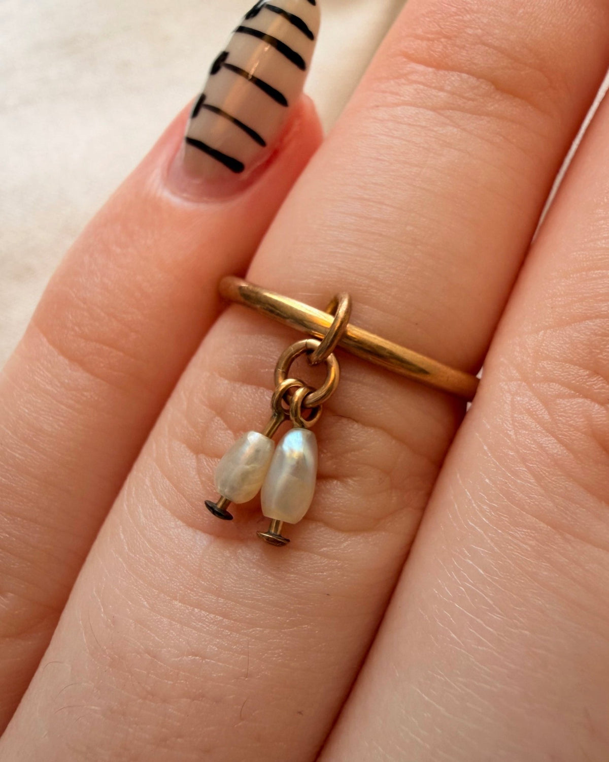 Vintage 14k Yellow Gold and Pearl Charm Dangle Ring - Clover Collective Antiques
