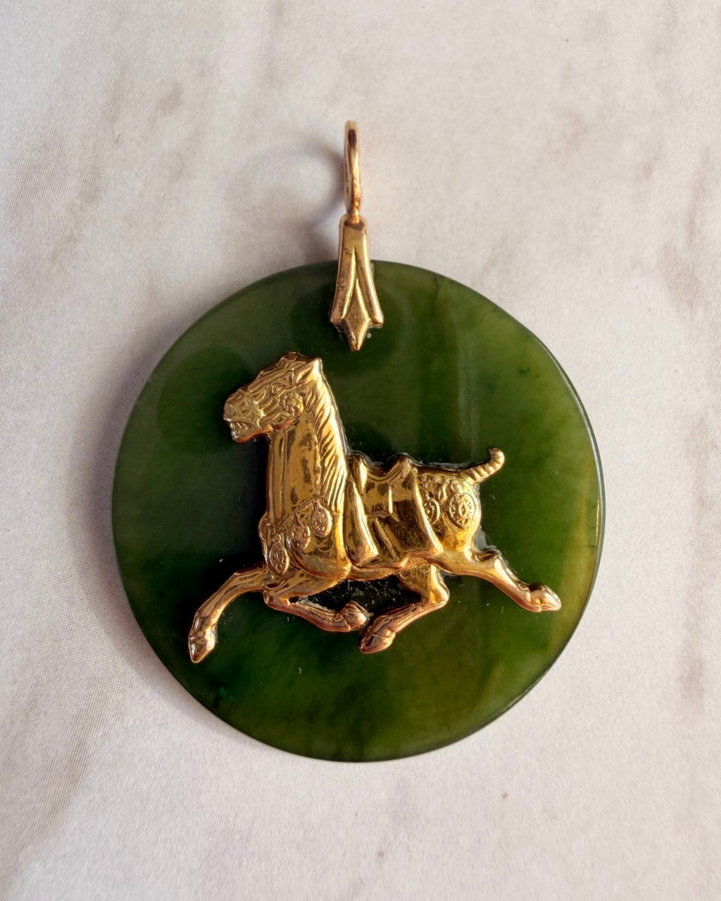 Vintage 14k Yellow Gold Nephrite Imperial Horse Pendant - Clover Collective Antiques