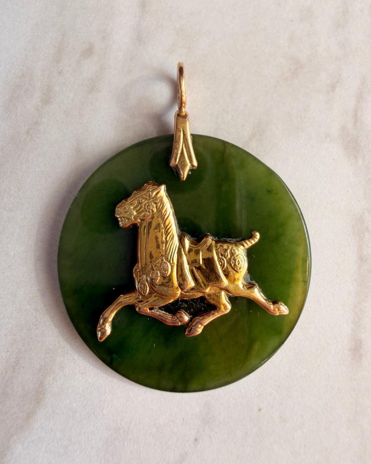 Vintage 14k Yellow Gold Nephrite Imperial Horse Pendant - Clover Collective Antiques