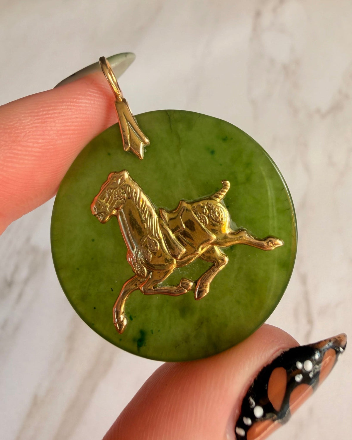 Vintage 14k Yellow Gold Nephrite Imperial Horse Pendant - Clover Collective Antiques