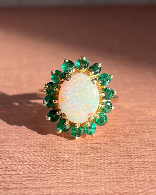 Vintage 14k Yellow Gold, Opal, and Emerald Cluster Ring - Clover Collective Antiques