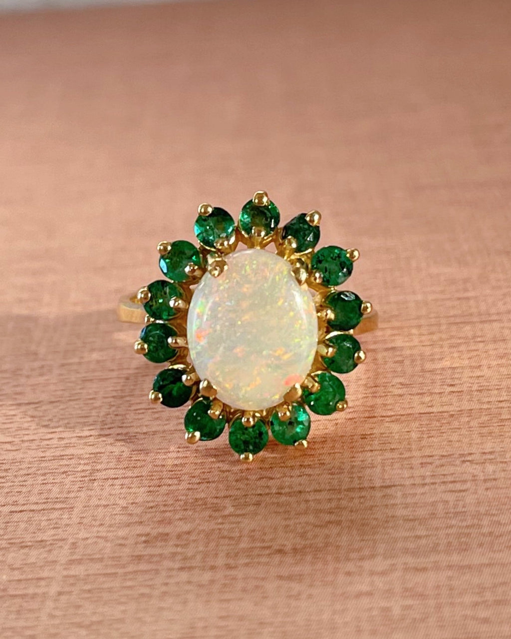 Vintage 14k Yellow Gold, Opal, and Emerald Cluster Ring - Clover Collective Antiques