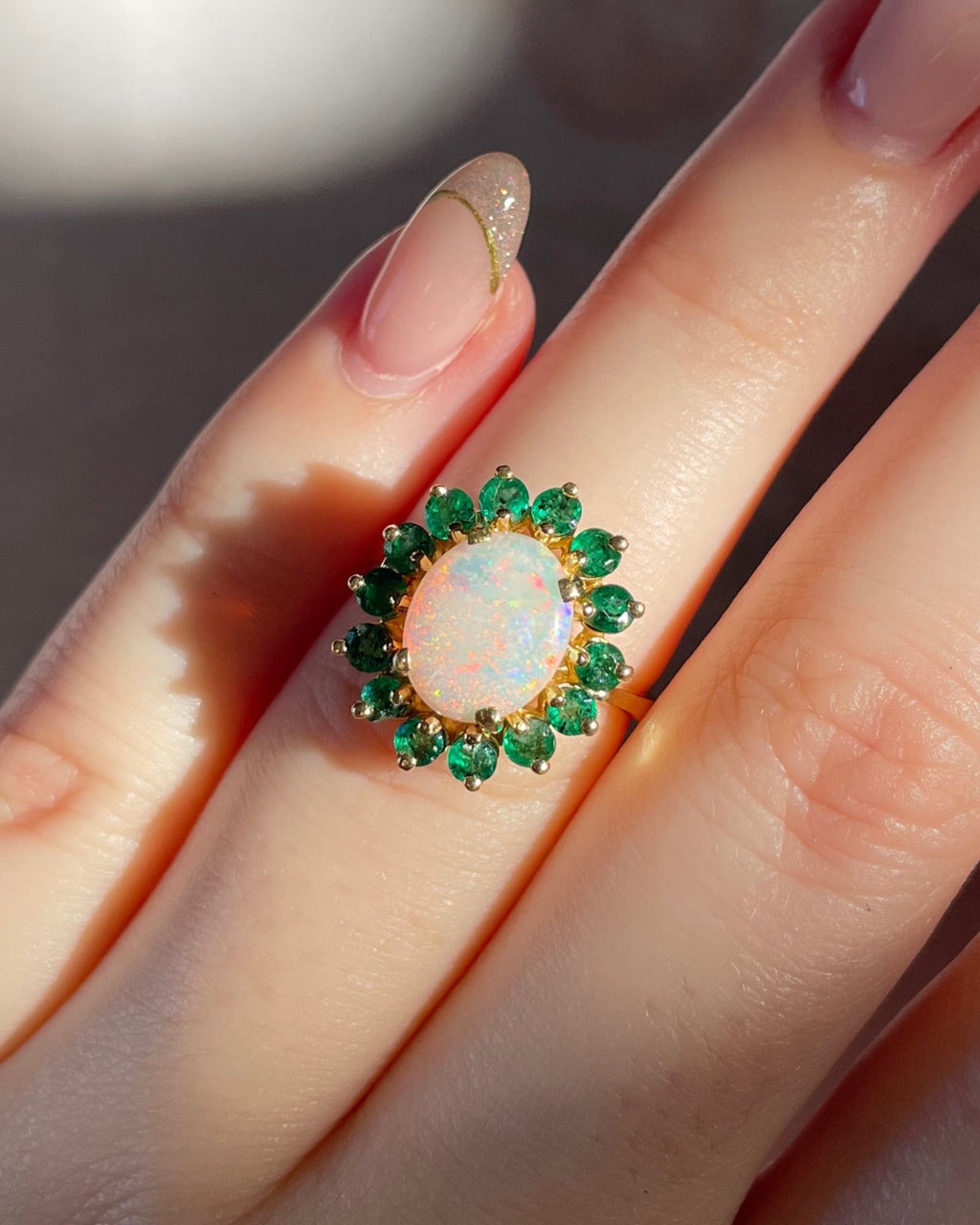 Vintage 14k Yellow Gold, Opal, and Emerald Cluster Ring - Clover Collective Antiques