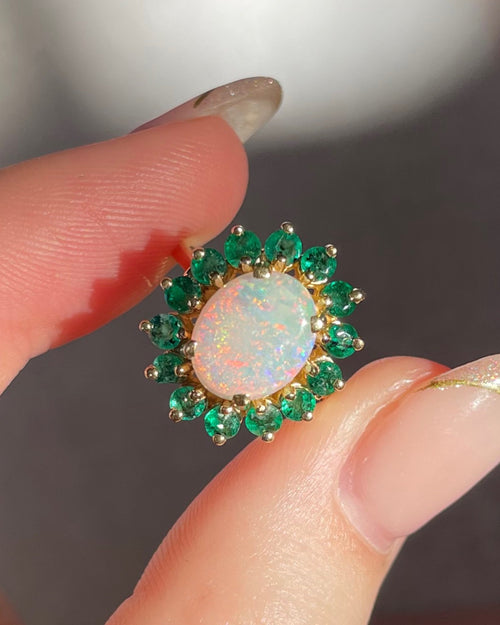Vintage 14k Yellow Gold, Opal, and Emerald Cluster Ring - Clover Collective Antiques