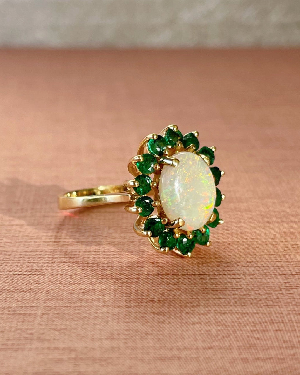 Vintage 14k Yellow Gold, Opal, and Emerald Cluster Ring - Clover Collective Antiques