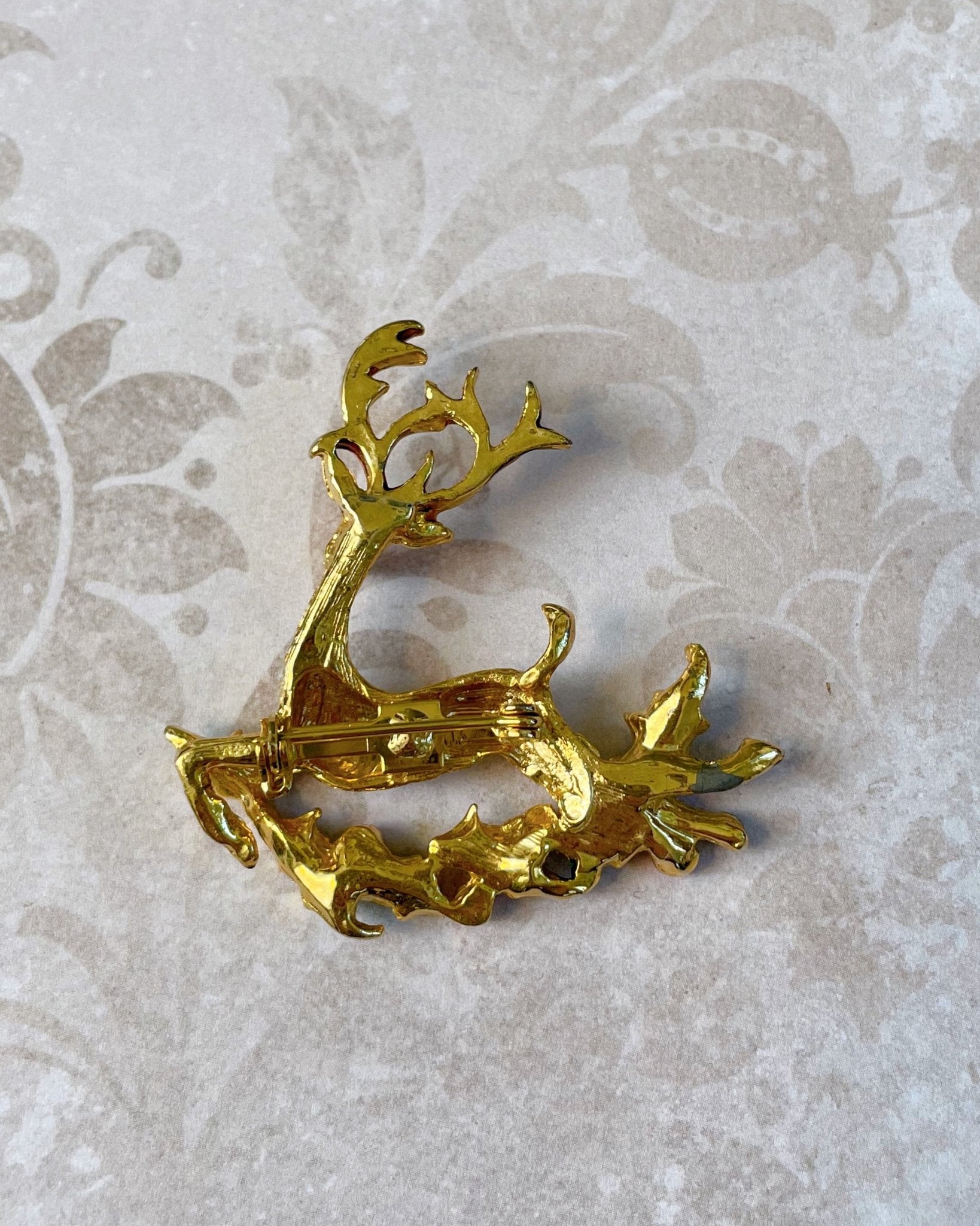 Vintage 1980s Gold Tone Rudolph Leaping Reindeer Holiday Pin Brooch - Clover Collective Antiques