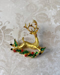 Vintage 1980s Gold Tone Rudolph Leaping Reindeer Holiday Pin Brooch - Clover Collective Antiques