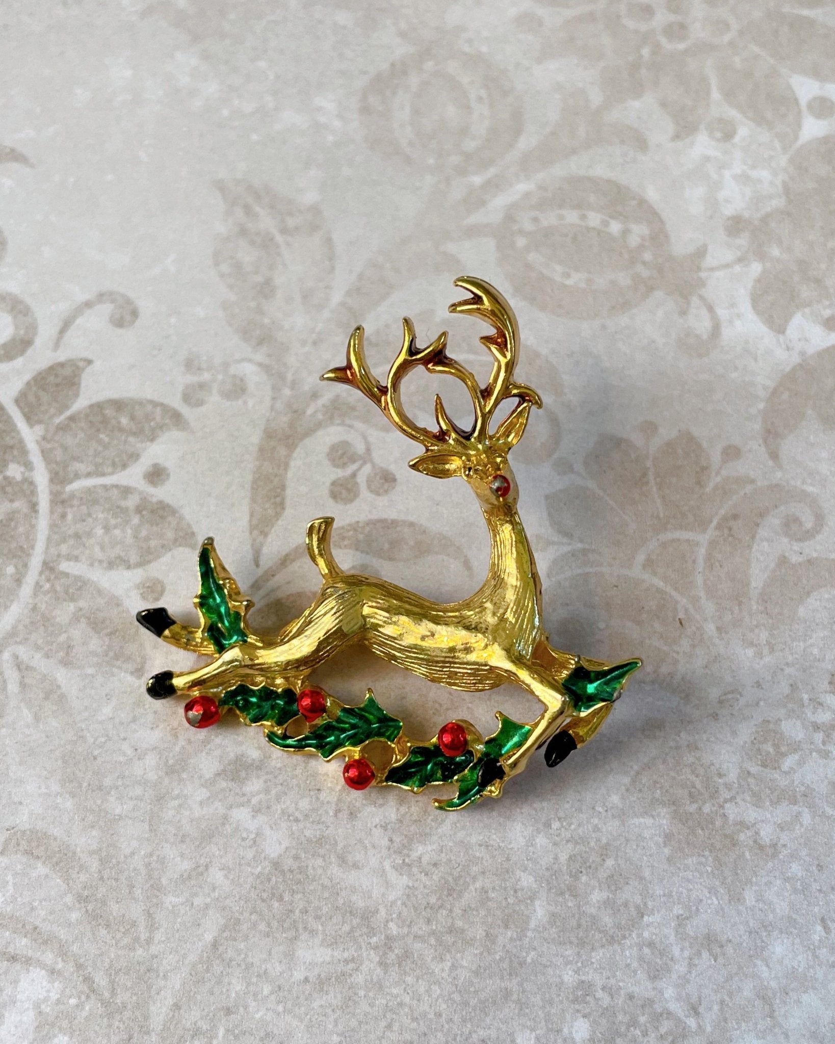 Vintage 1980s Gold Tone Rudolph Leaping Reindeer Holiday Pin Brooch - Clover Collective Antiques