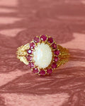 Vintage Caspian International 14k Yellow Gold, Opal, and Ruby Cluster Ring - Clover Collective Antiques