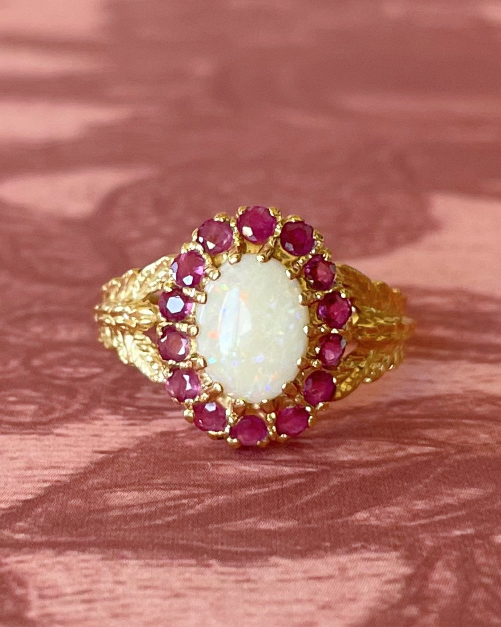 Vintage Caspian International 14k Yellow Gold, Opal, and Ruby Cluster Ring - Clover Collective Antiques