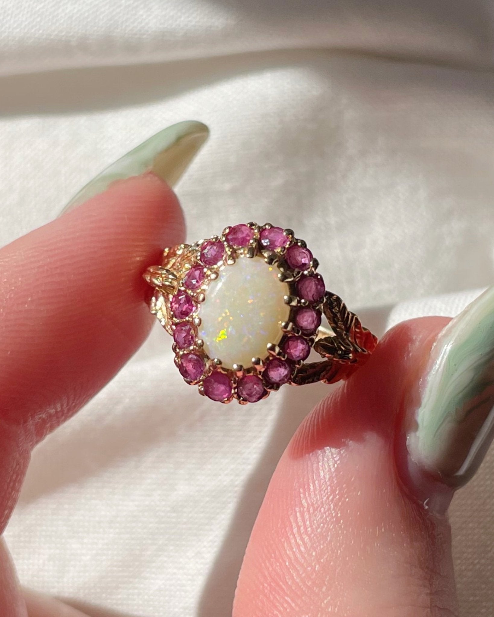 Vintage Caspian International 14k Yellow Gold, Opal, and Ruby Cluster Ring - Clover Collective Antiques