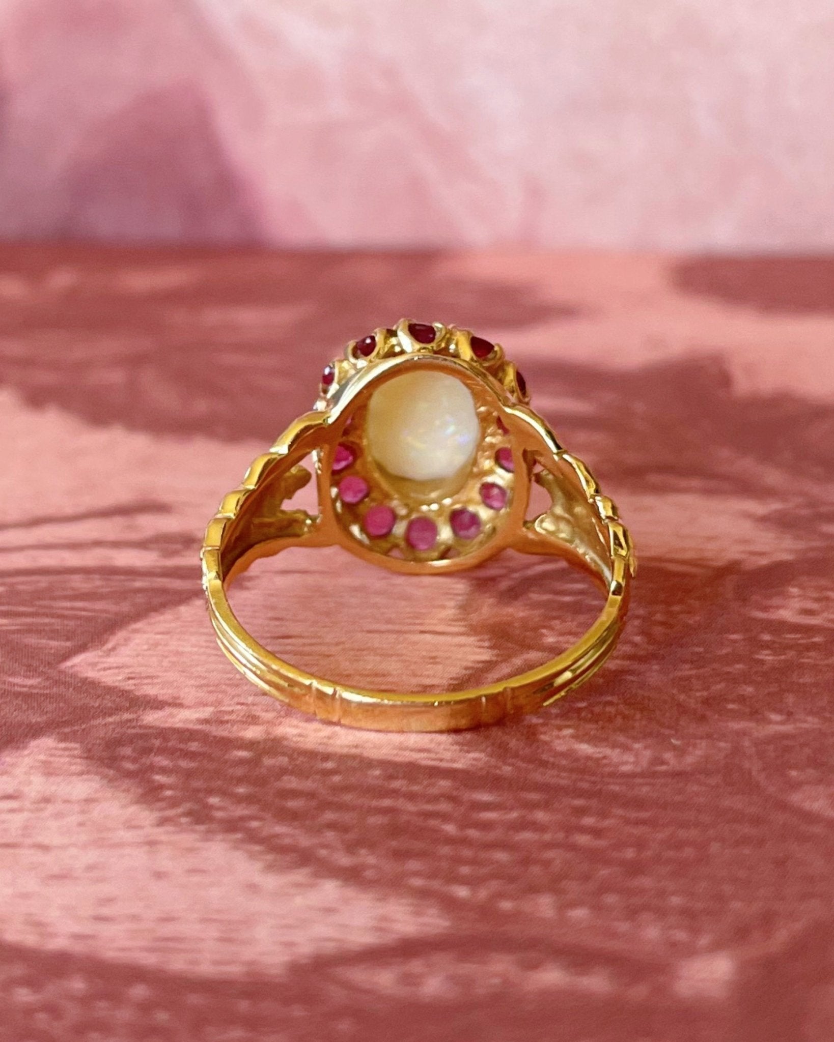 Vintage Caspian International 14k Yellow Gold, Opal, and Ruby Cluster Ring - Clover Collective Antiques