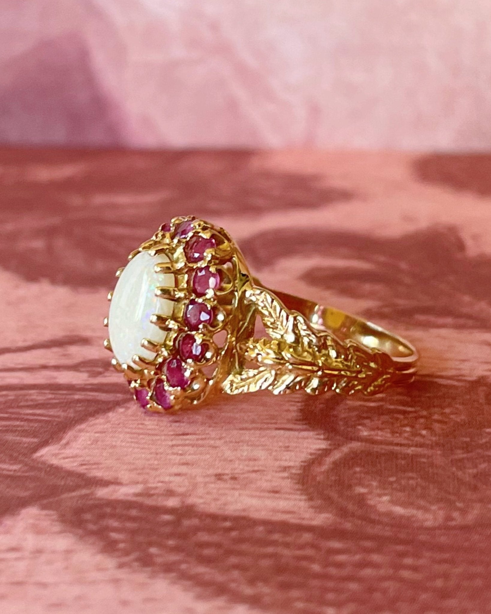 Vintage Caspian International 14k Yellow Gold, Opal, and Ruby Cluster Ring - Clover Collective Antiques