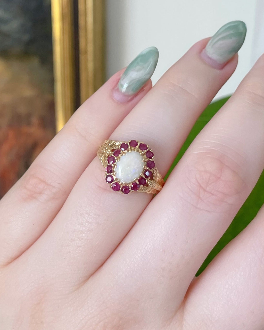 Vintage Caspian International 14k Yellow Gold, Opal, and Ruby Cluster Ring - Clover Collective Antiques