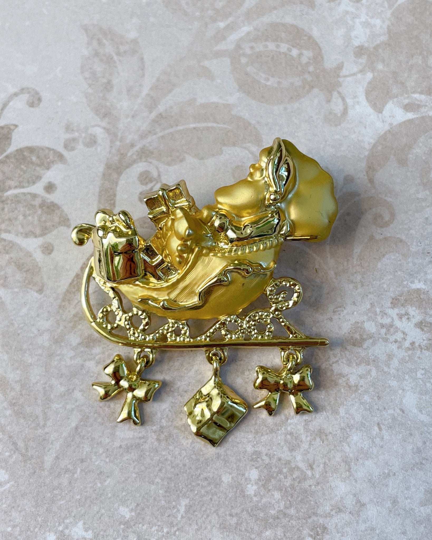 Vintage Danecraft Gold Tone Santa Claus and Sleigh with Charms Holiday Pin Brooch - Clover Collective Antiques