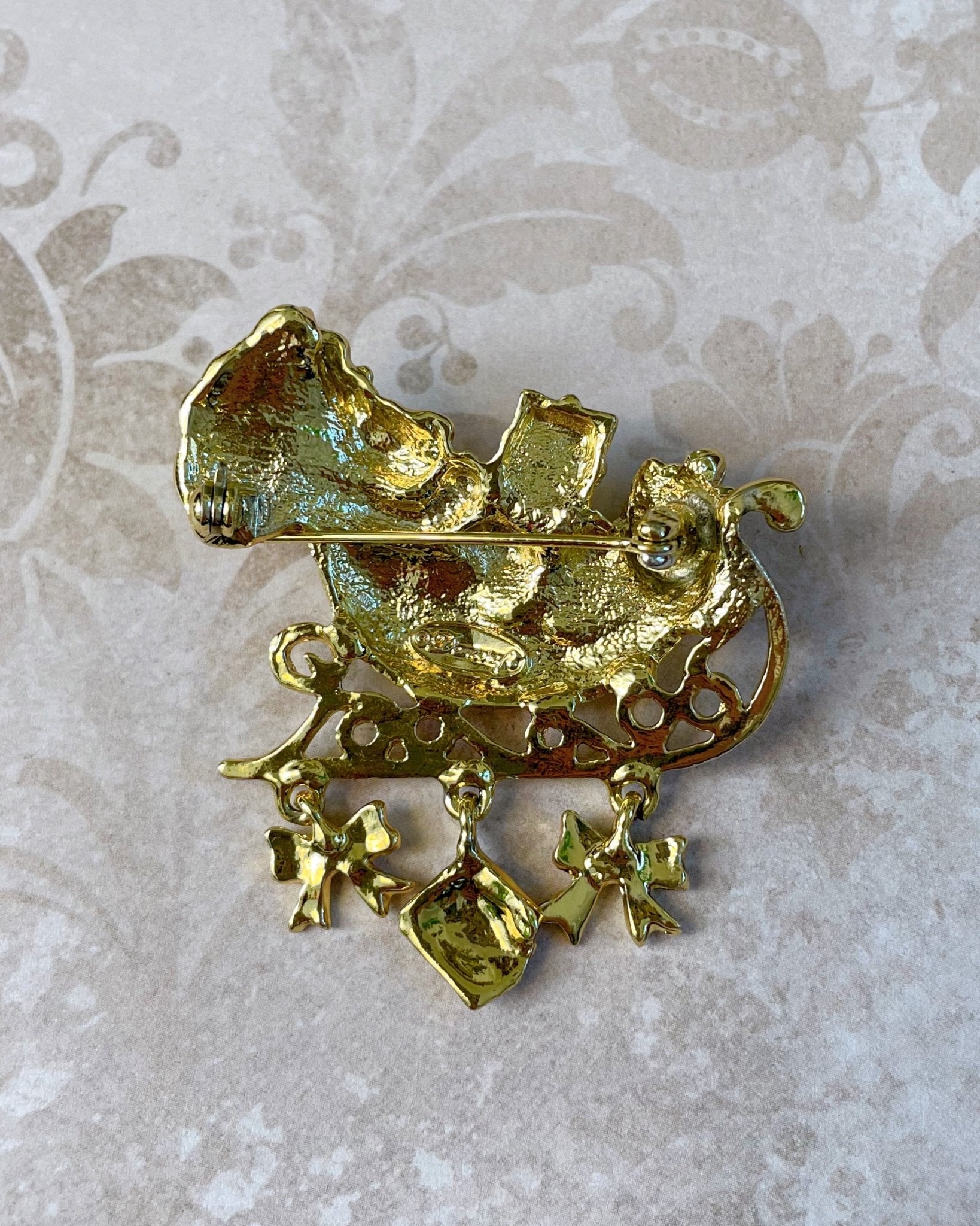 Vintage Danecraft Gold Tone Santa Claus and Sleigh with Charms Holiday Pin Brooch - Clover Collective Antiques