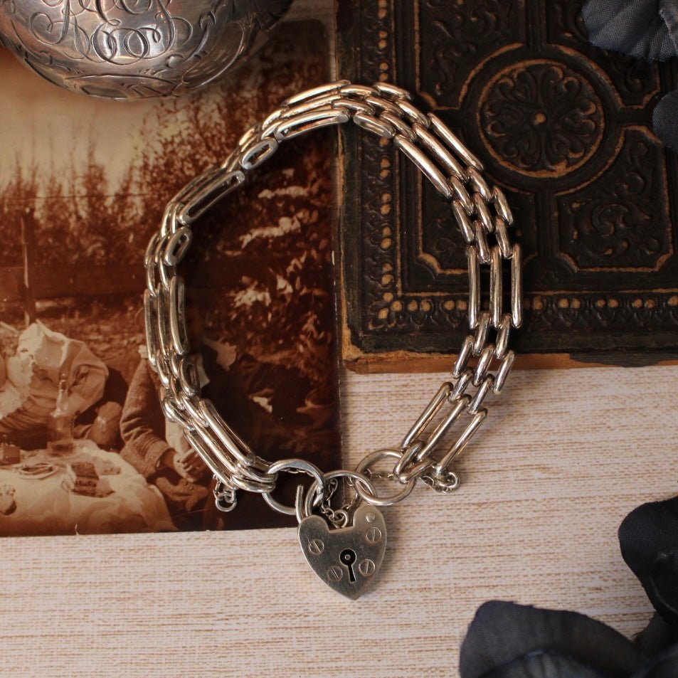 Vintage English Sterling Silver Gate Heart Padlock Bracelet - Clover Collective Antiques
