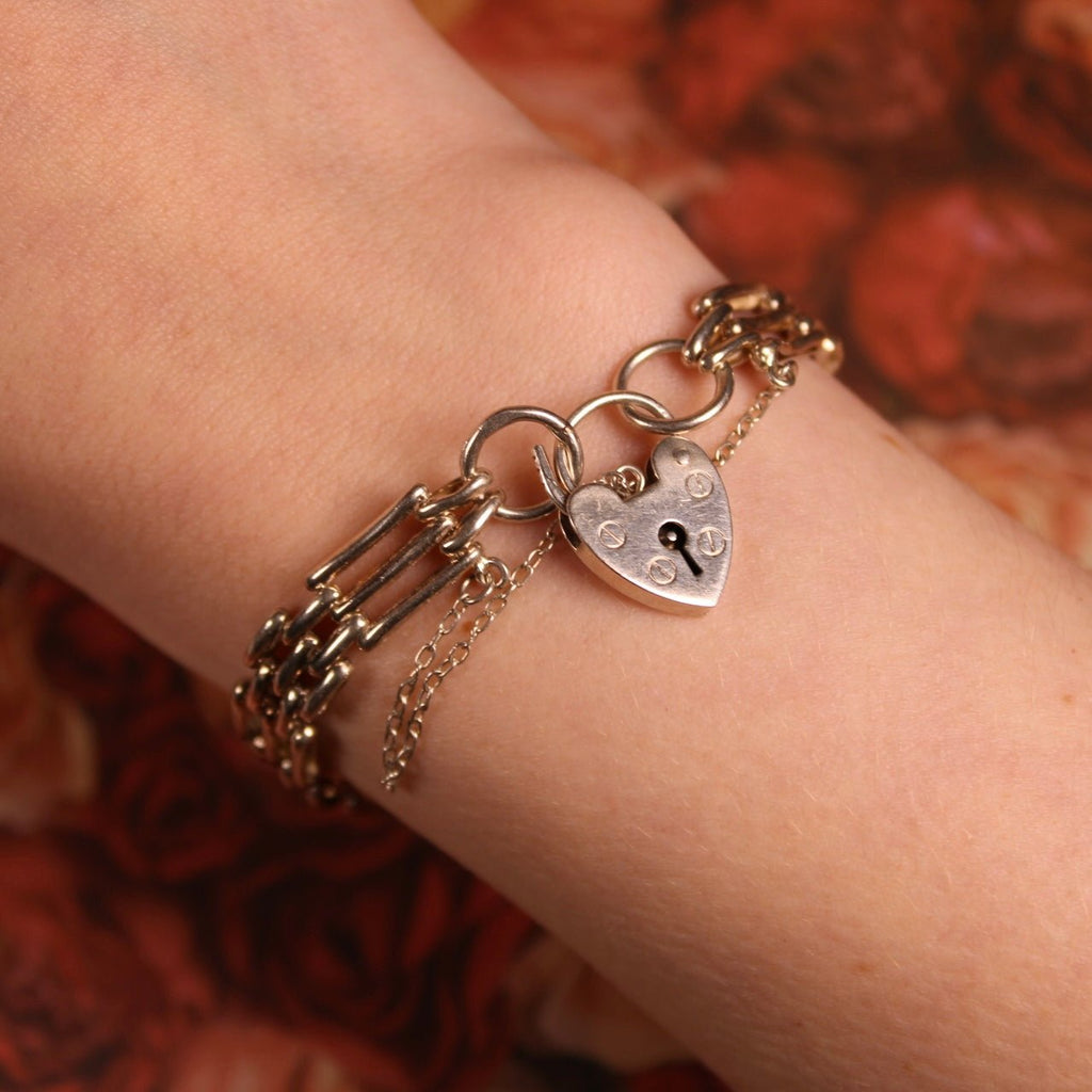Vintage English Sterling Silver Gate Heart Padlock Bracelet - Clover Collective Antiques