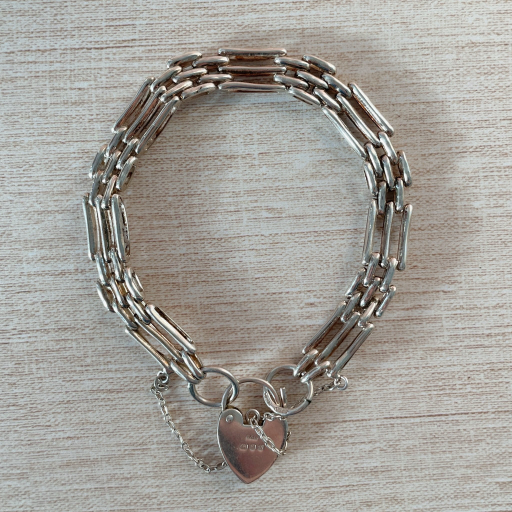 Vintage English Sterling Silver Gate Heart Padlock Bracelet - Clover Collective Antiques