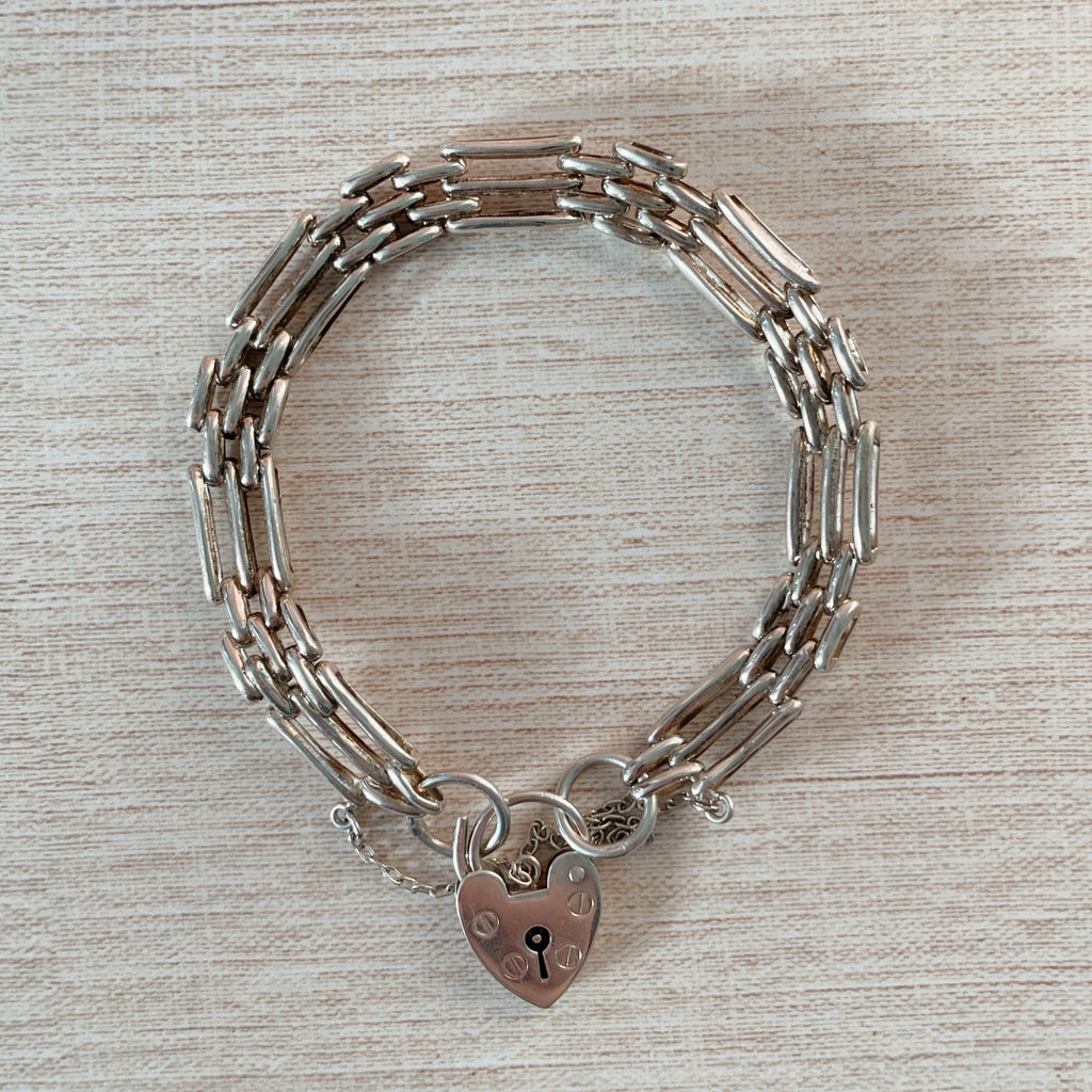 Vintage English Sterling Silver Gate Heart Padlock Bracelet - Clover Collective Antiques