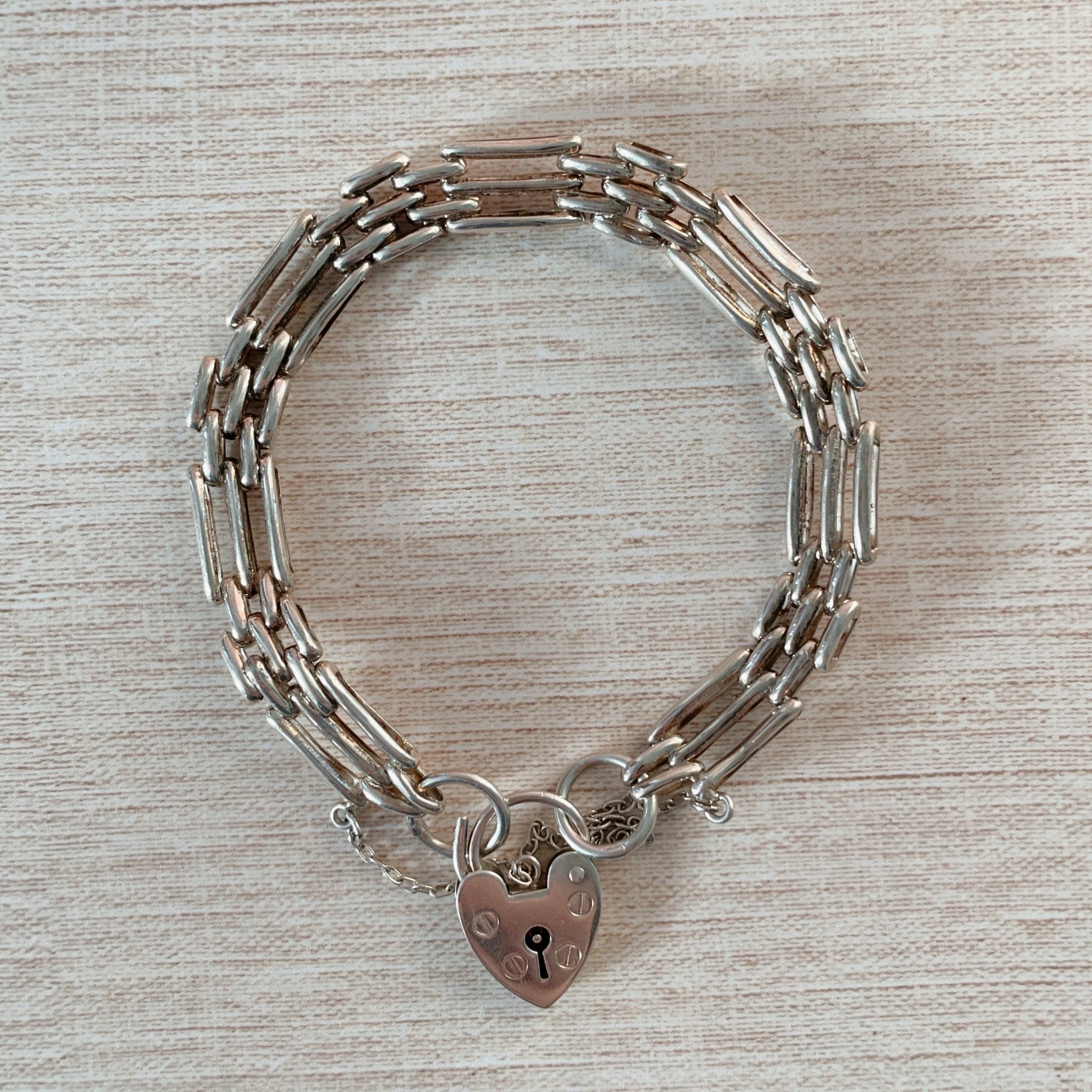 Vintage English Sterling Silver Gate Heart Padlock Bracelet - Clover Collective Antiques