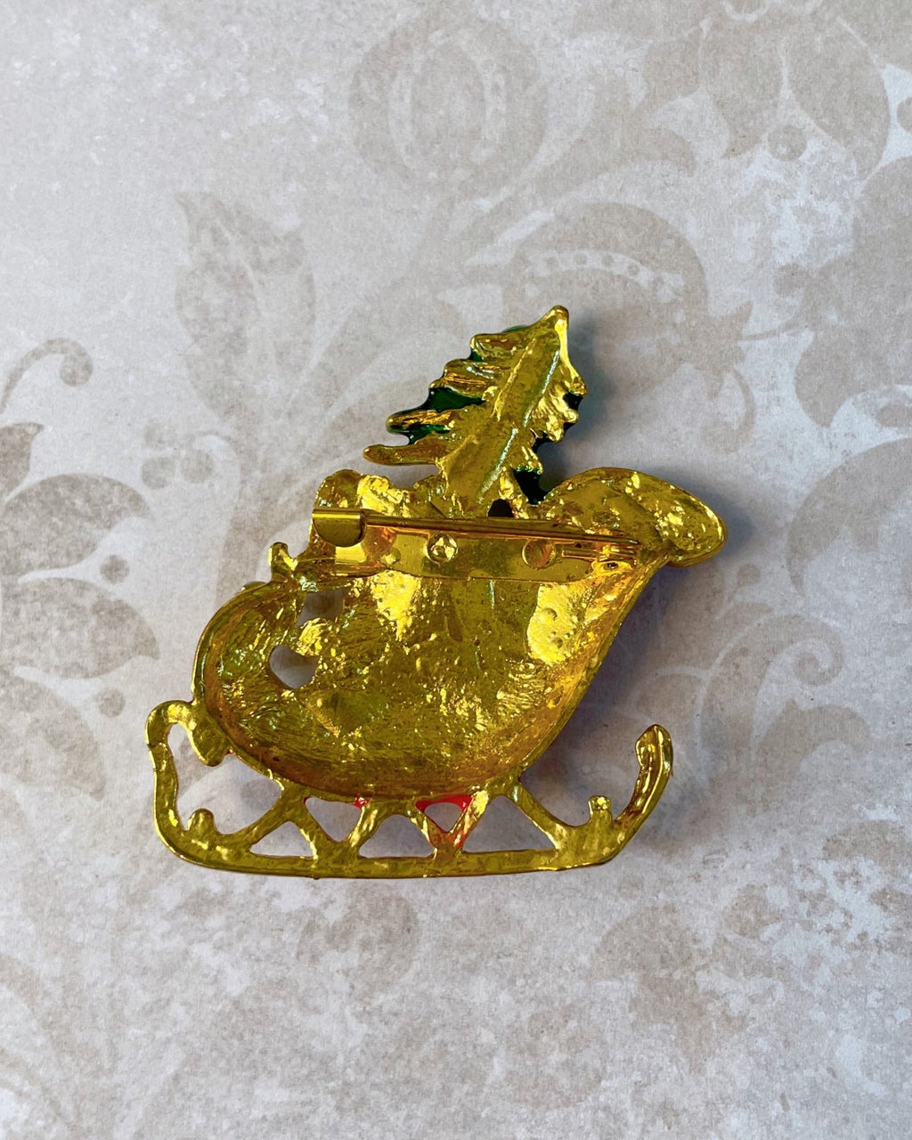 Vintage Gold Tone, Rhinestone, and Enamel Santa Claus and Sleigh Holiday Pin Brooch - Clover Collective Antiques