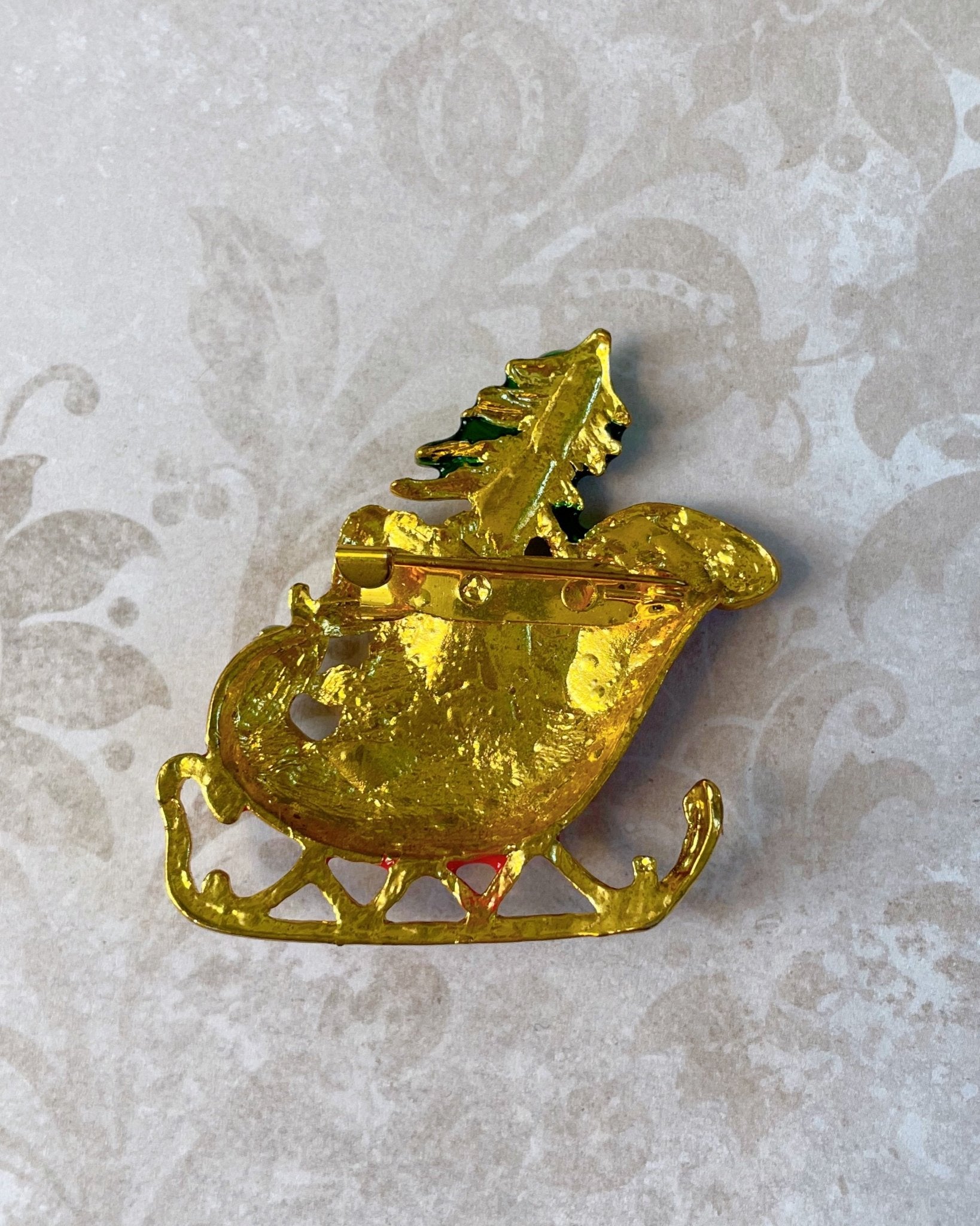 Vintage Gold Tone, Rhinestone, and Enamel Santa Claus and Sleigh Holiday Pin Brooch - Clover Collective Antiques