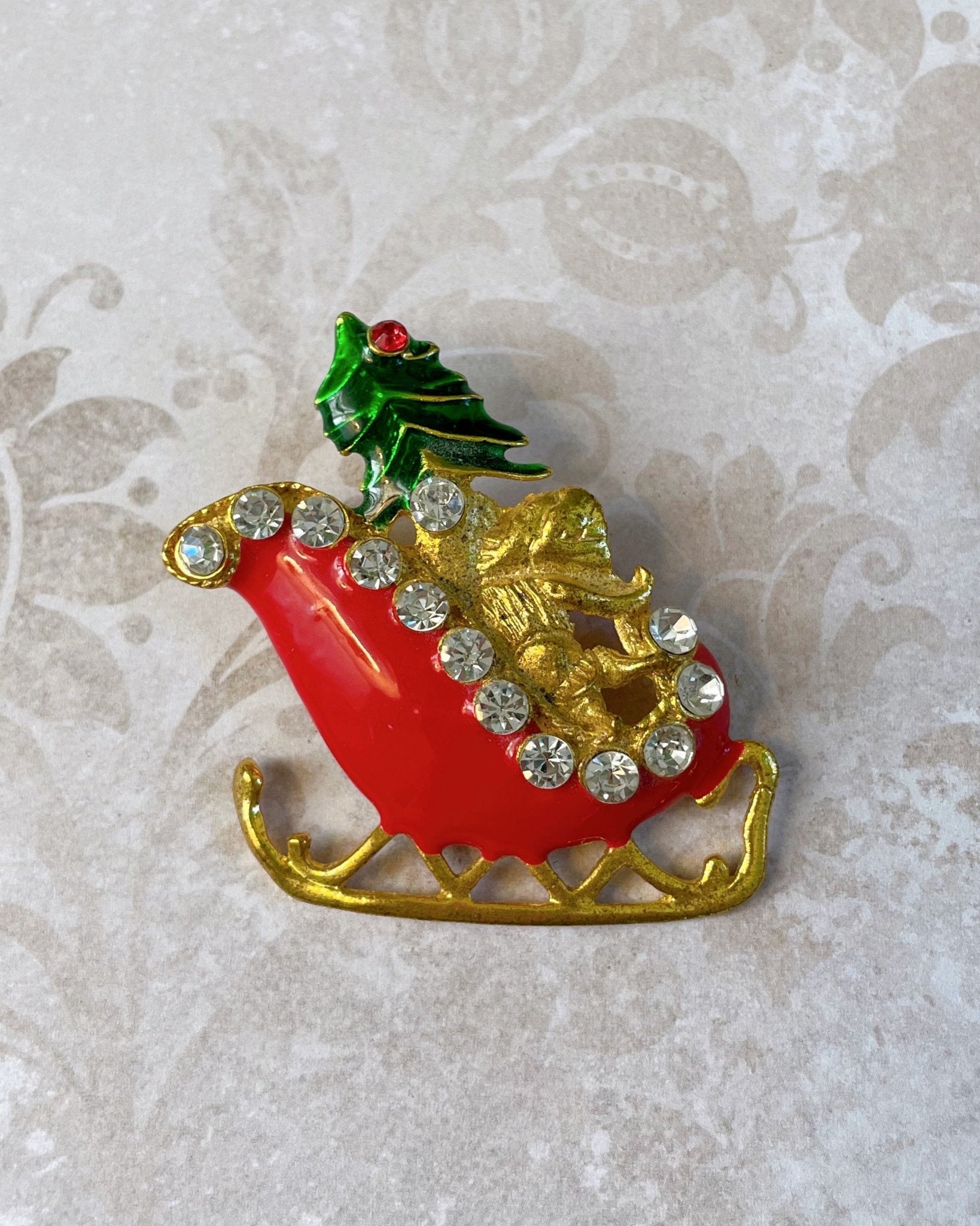 Vintage Gold Tone, Rhinestone, and Enamel Santa Claus and Sleigh Holiday Pin Brooch - Clover Collective Antiques