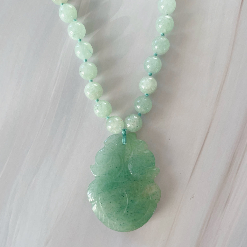 Vintage Jade Jadeite Hand - Knotted Hand - Carved Lotus Blossom Beaded Necklace - Clover Collective Antiques