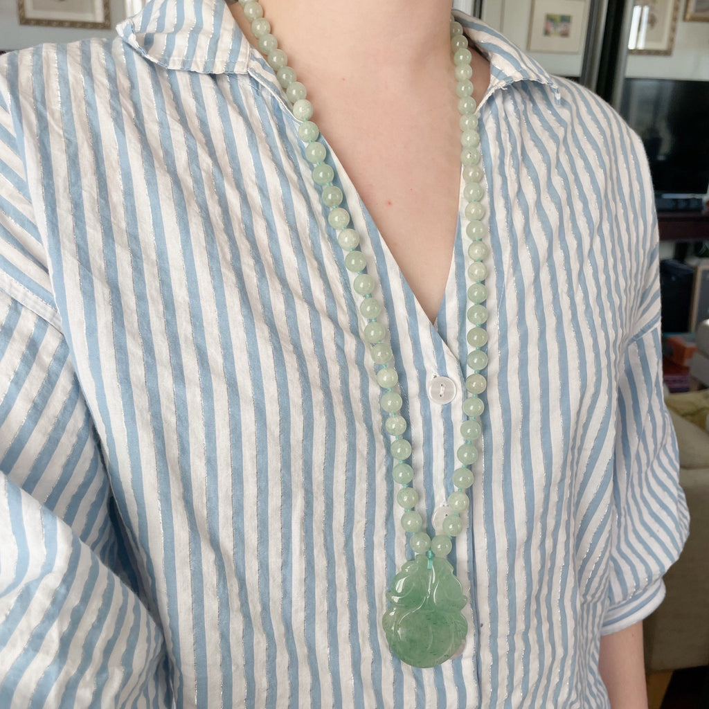 Vintage Jade Jadeite Hand - Knotted Hand - Carved Lotus Blossom Beaded Necklace - Clover Collective Antiques