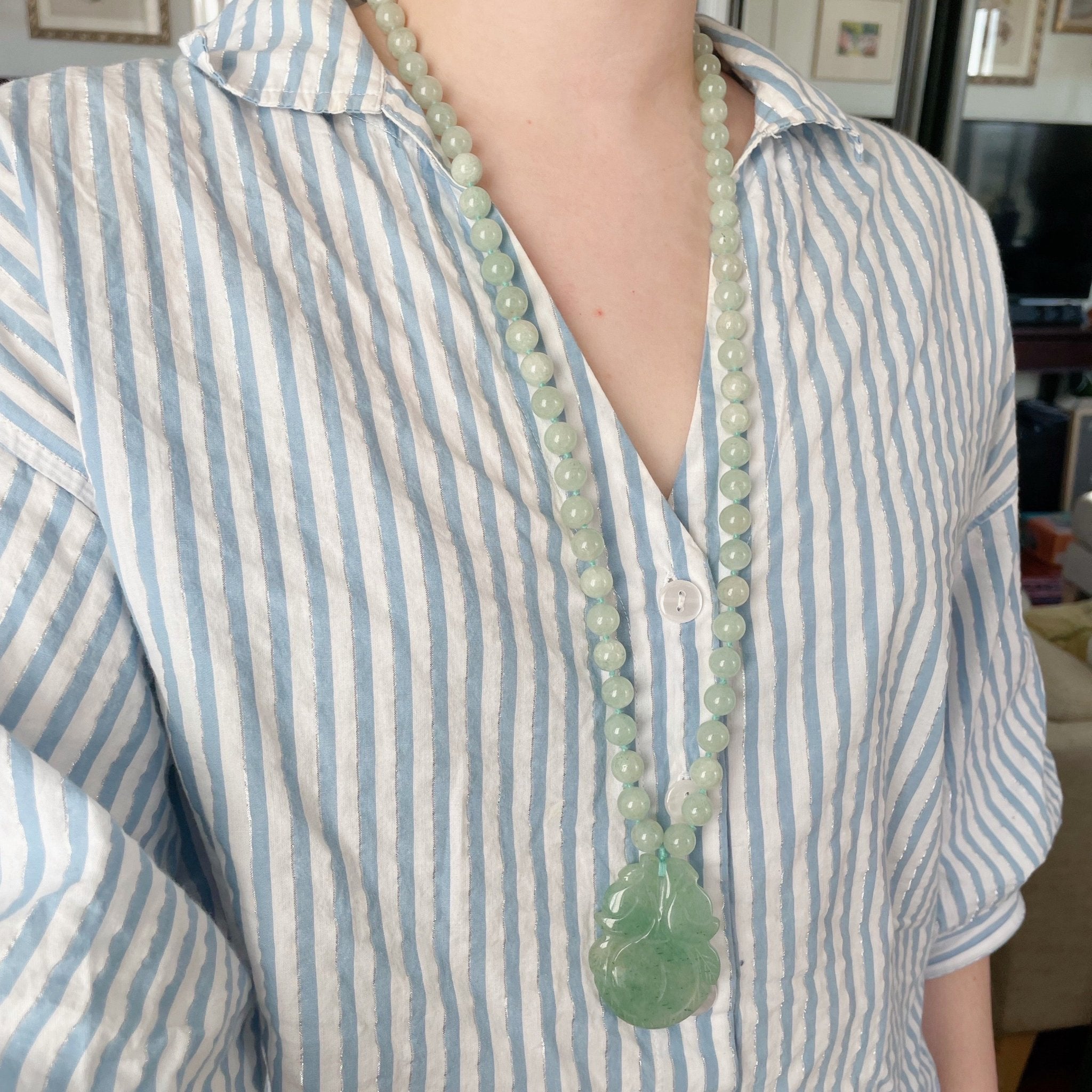 Vintage Jade Jadeite Hand - Knotted Hand - Carved Lotus Blossom Beaded Necklace - Clover Collective Antiques