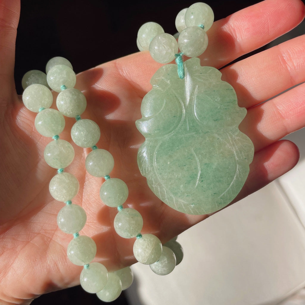 Vintage Jade Jadeite Hand - Knotted Hand - Carved Lotus Blossom Beaded Necklace - Clover Collective Antiques