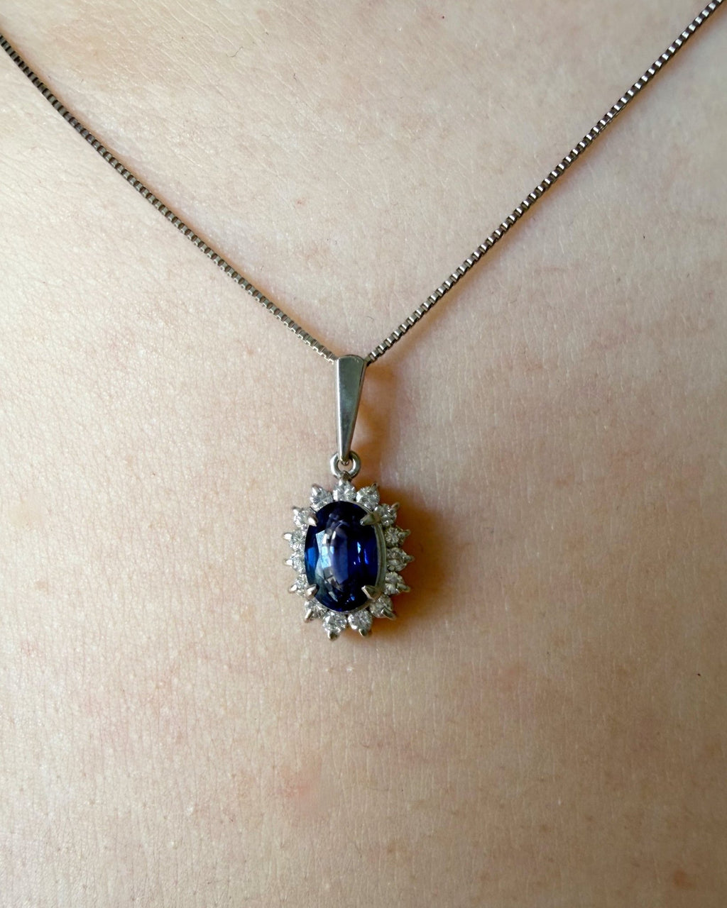 Vintage Platinum and 1.34 Carat Sapphire Cluster Box Chain Pendant Necklace - Clover Collective Antiques