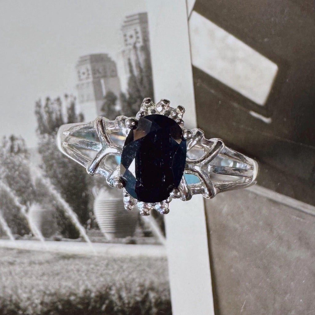 Vintage Sterling Silver and Dark Blue Sapphire Solitaire Ring - Clover Collective Antiques