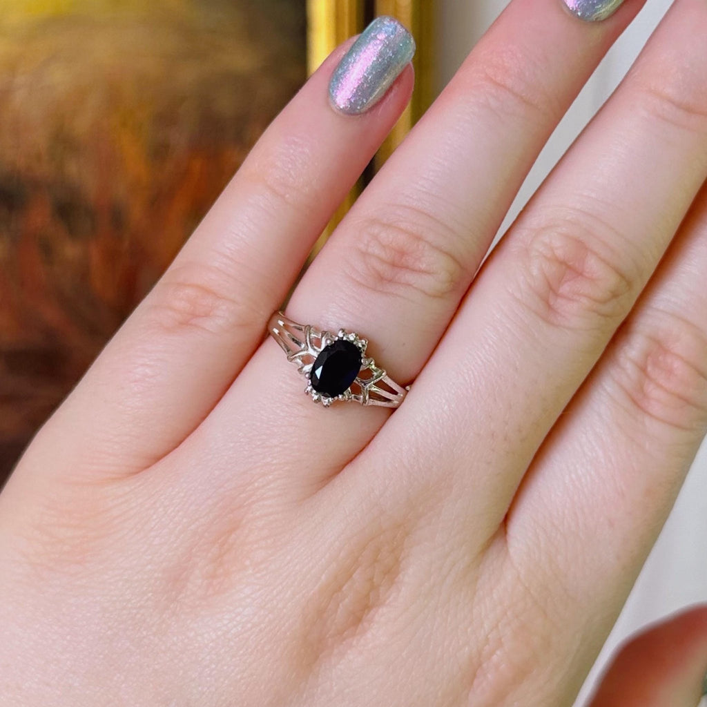 Vintage Sterling Silver and Dark Blue Sapphire Solitaire Ring - Clover Collective Antiques