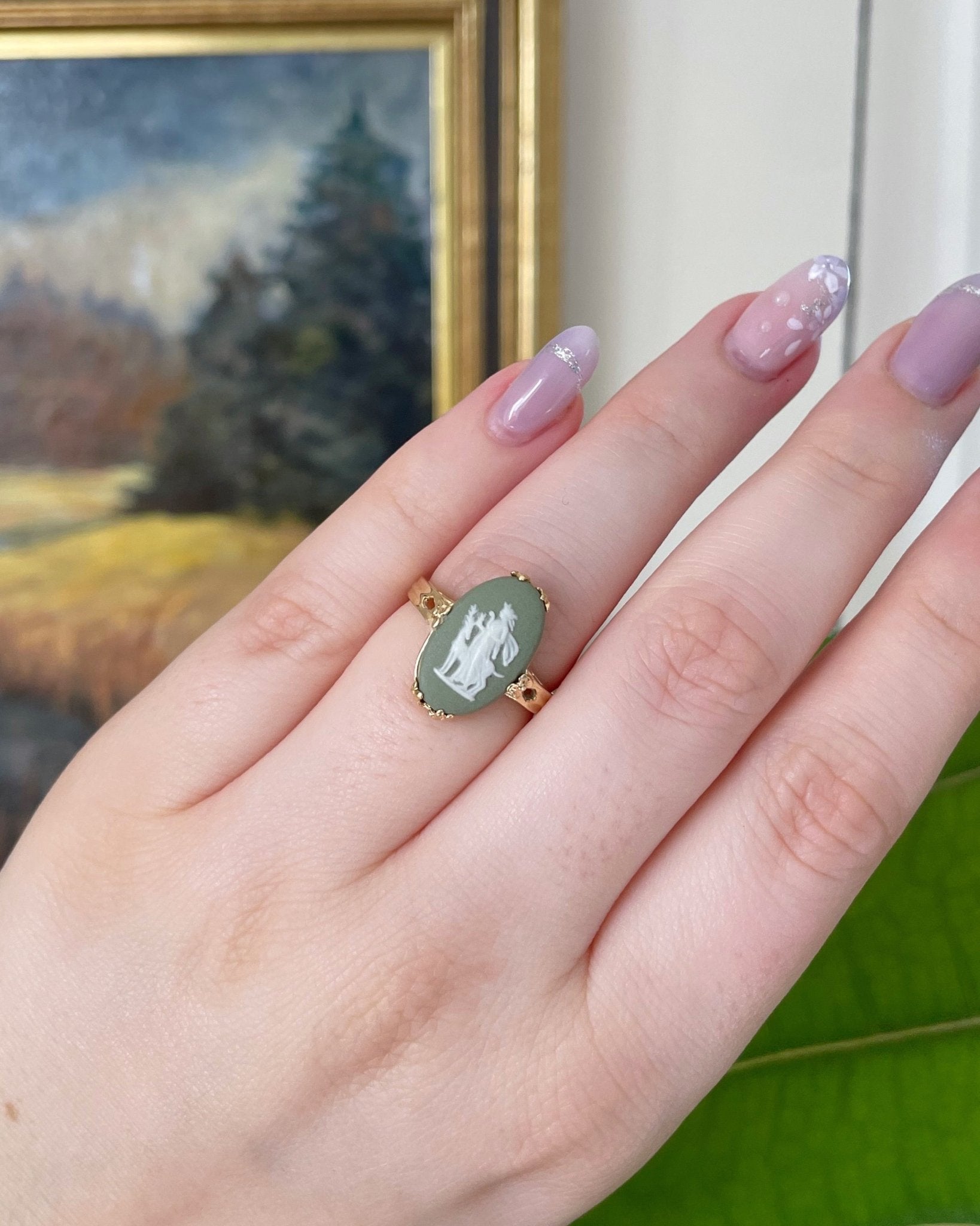 Vintage Wedgewood Jasperware England 14k Yellow Gold Diana and Stag Cameo Ring - Clover Collective Antiques